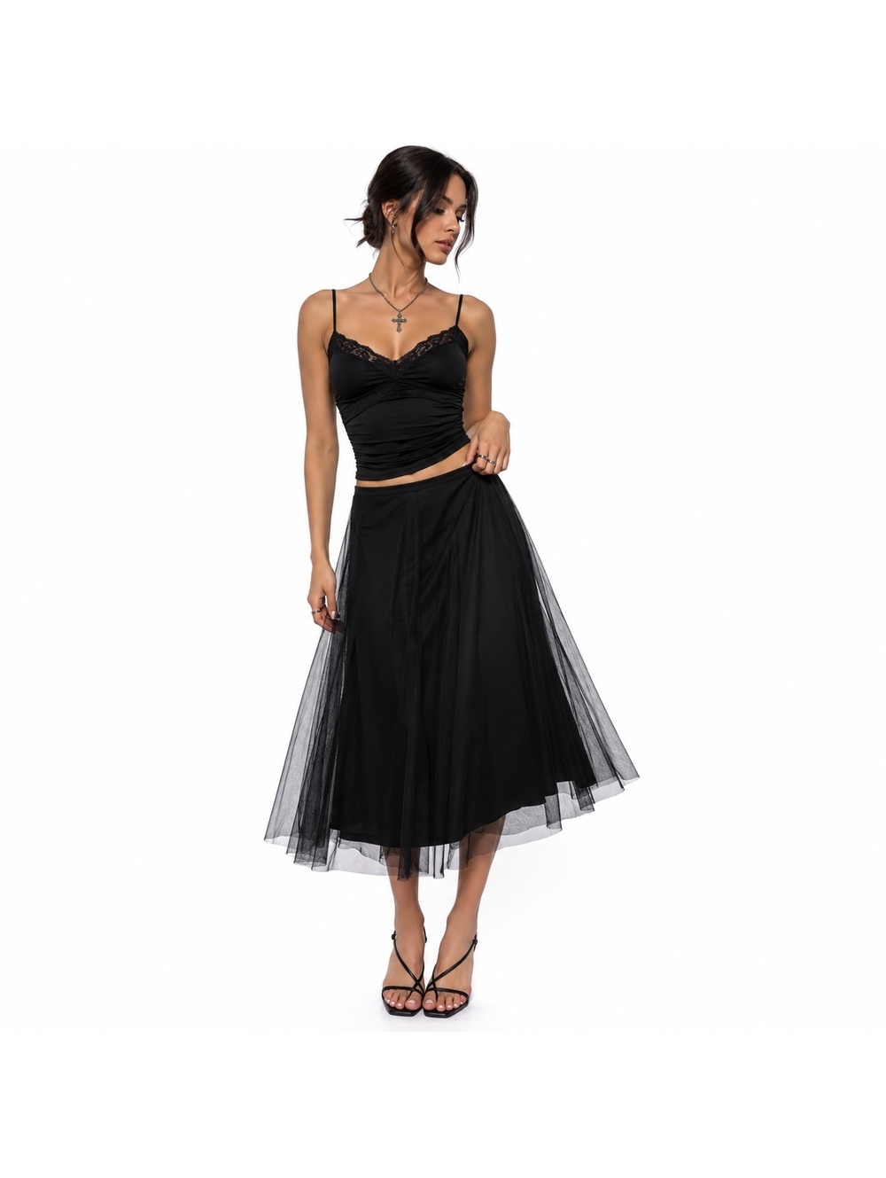 Vintage Express World Brand Black Sheer Mesh Midi Skirt 90s Y2K S